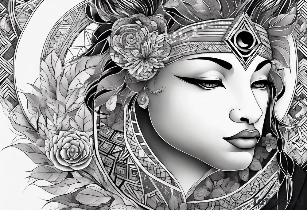 Very asymmetrical, +geometric pattern, with realistic full moon, with hippo face surround with lion fur,+tribal, +geometric, +inkart , +blackwork, +grey scale, + sketch
with wintersweet flower bud, +inkart touch, +for men, detailed , combined favourite , tattoo idea