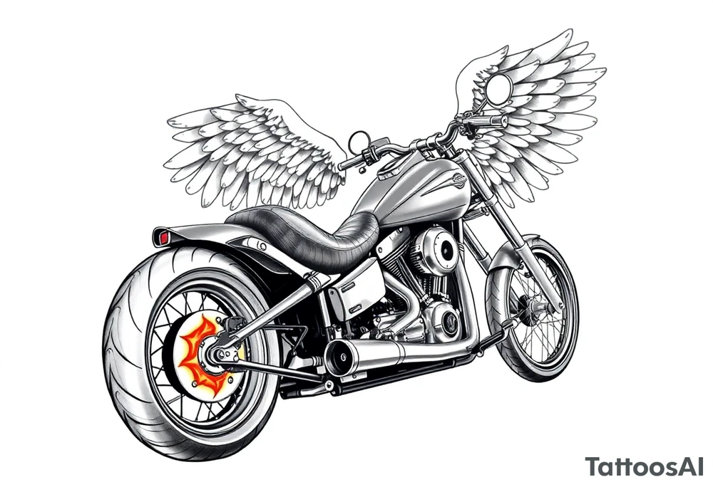 Low rider grey motorcycle, big muffler pipes with flames, angel wings, driving away, no person tattoo idea