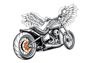 Low rider grey motorcycle, big muffler pipes with flames, angel wings, driving away, no person tattoo idea