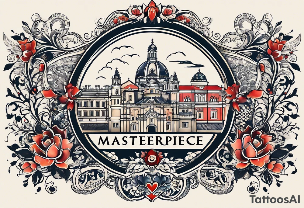 Create a tattoo design that symbolizes the connection between a family spread across Portugal and Germany, with a central figure who travels between the two. Incorporate elements representing both countries' cultures and landmarks, linked by a path or journey motif. The design should evoke feelings of unity, distance, and the bond of family. tattoo idea
