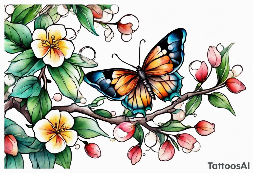 Winding branches and leaves and tiny flowers with a small moth and bubbles tattoo idea