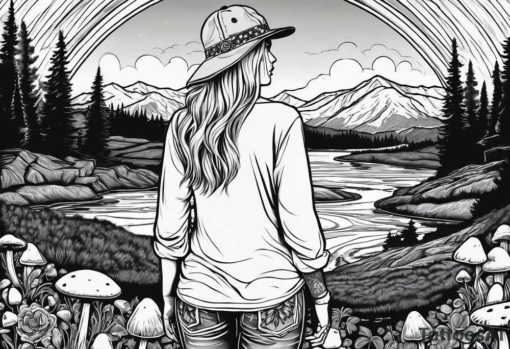 Whole picture encircled fully

Straight long blonde hair hippie girl in distance holding mushrooms in hand facing away toward mountains and creek surrounded by mushrooms long sleeve shirt and hiking pants; whole rendering within a full circle, no cut off circle tattoo idea
