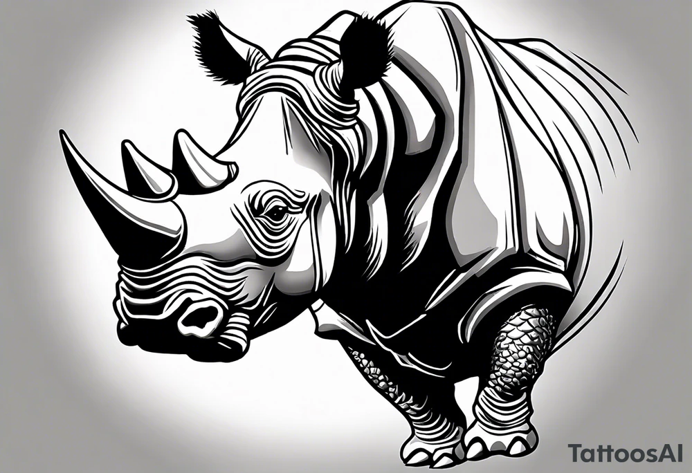 A front-facing rhino head with a sharp elongated tusk that is angry and fierce. Ears pointed straight up and forward a bit. Eyes that pierce your soul. A snarling jowel tattoo idea