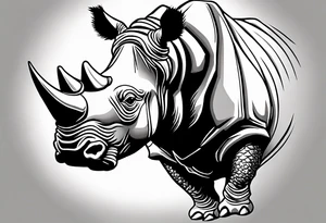A front-facing rhino head with a sharp elongated tusk that is angry and fierce. Ears pointed straight up and forward a bit. Eyes that pierce your soul. A snarling jowel tattoo idea