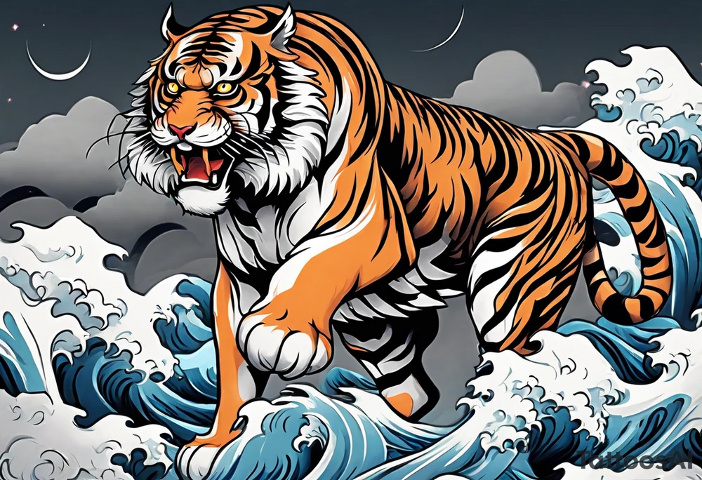 Asian Japanese Chinese style tiger with a full body not just head twisting body for a forearm half sleeve, clouds tattoo idea