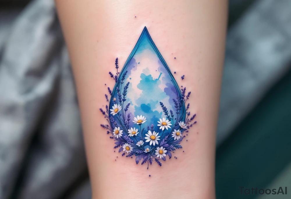 A delicate teardrop shape filled with soft watercolor splashes in shades of blue and purple, surrounded by tiny, fine line flowers like lavender and daisies, symbolizing healing and renewal. The colors should bleed into one another, creating a soft and flowing effect. tattoo idea