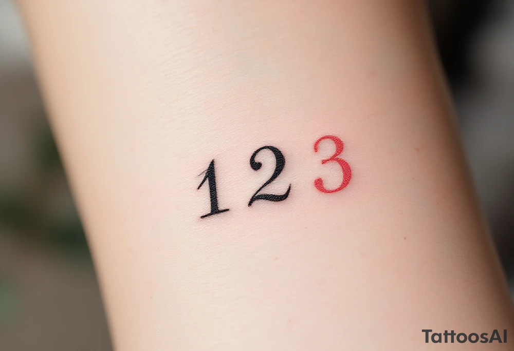 Three delicate Roman numerals "1 2 3" tattooed side by side. Numbers 1 and 2 in black in, number 3 pink ink tattoo idea