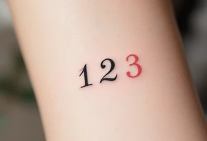 Three delicate Roman numerals "1 2 3" tattooed side by side. Numbers 1 and 2 in black in, number 3 pink ink tattoo idea