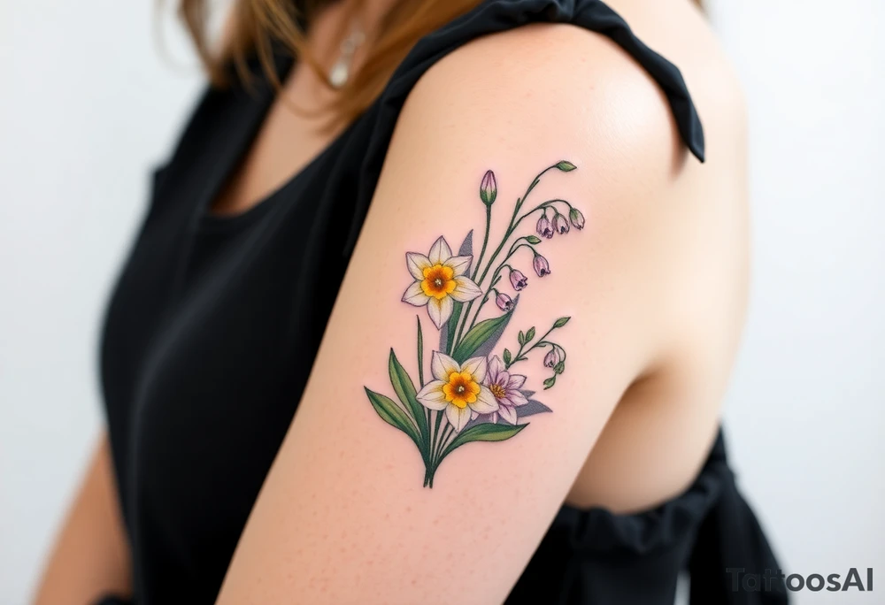 Feminine daffodils, Lily of the valley and larkspur bouquet tattoo idea