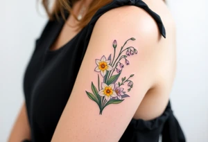 Feminine daffodils, Lily of the valley and larkspur bouquet tattoo idea
