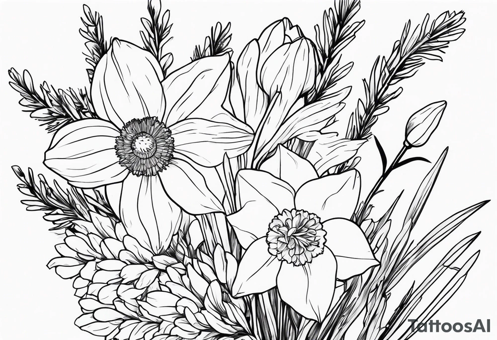 daffodil and aster flowers in a bouquet with pine branch and willow branch tattoo idea