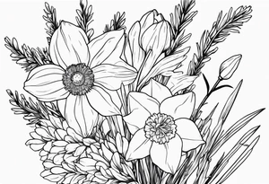 daffodil and aster flowers in a bouquet with pine branch and willow branch tattoo idea