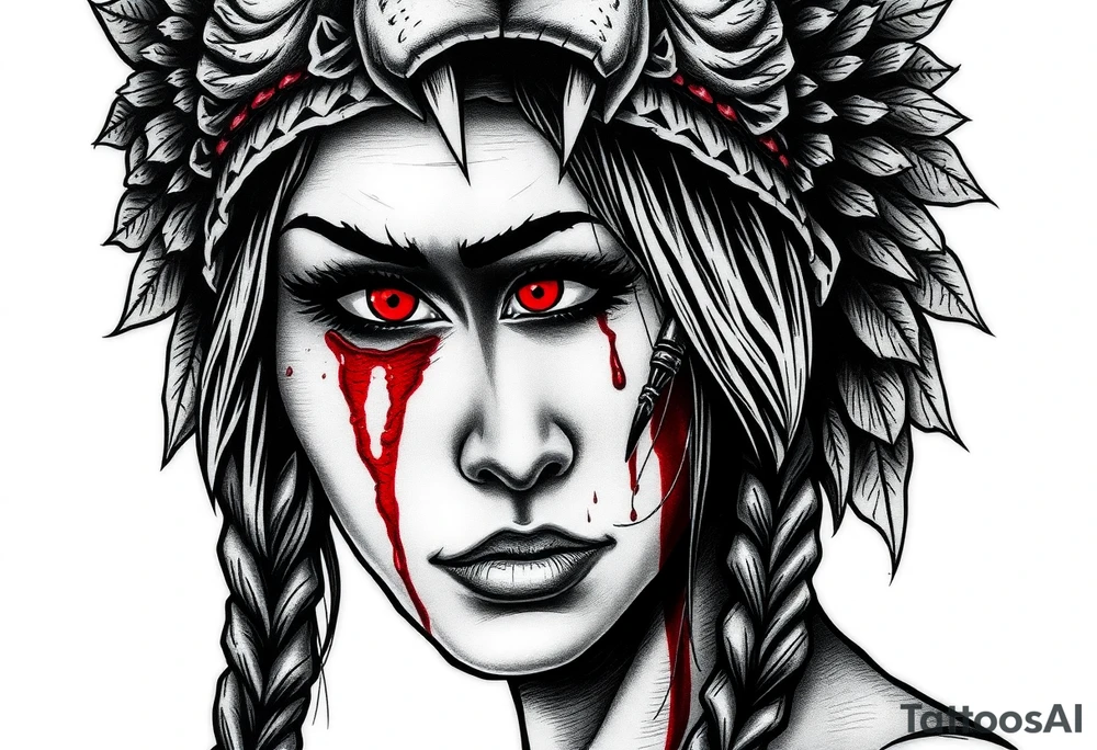 Beautiful Womans with red eyes, shedding a tear, with battle scars and blood on face, wearing a mean looking bear headdress on head tattoo idea