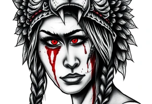 Beautiful Womans with red eyes, shedding a tear, with battle scars and blood on face, wearing a mean looking bear headdress on head tattoo idea