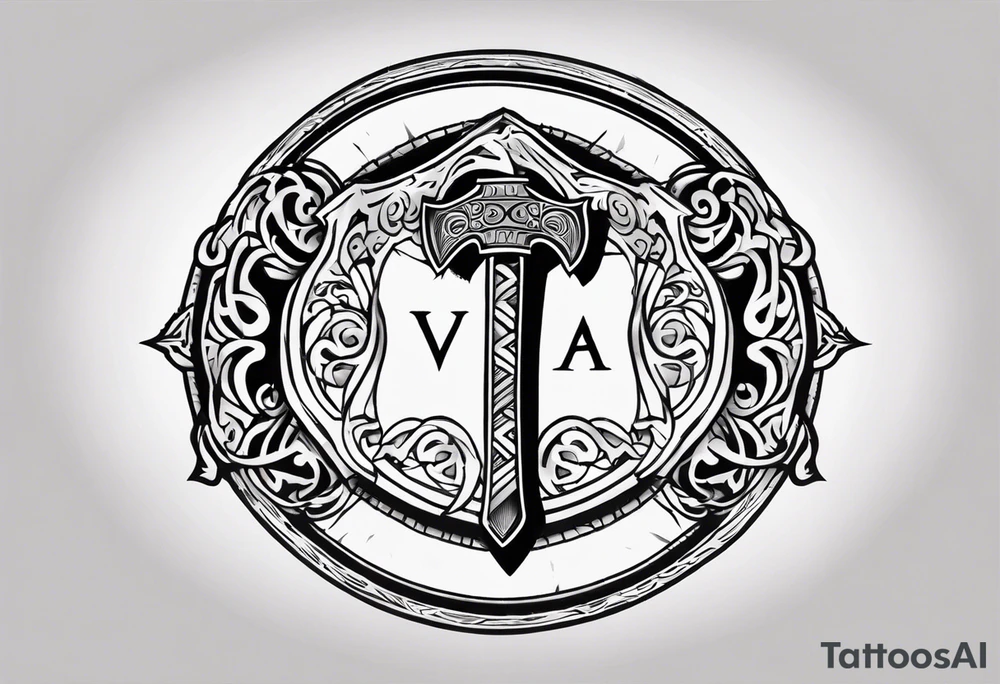 Valhalla round shield 
 cloud axe tattoo idea