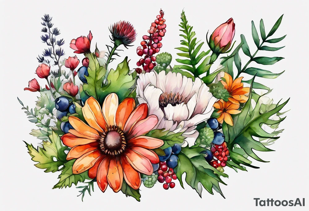 wildflowers with thistles, ferns, white flowers, cream flowers, sun flowers, orange flowers, green flowers, pink flowers, red flowers, berries and all in watercolor tattoo idea