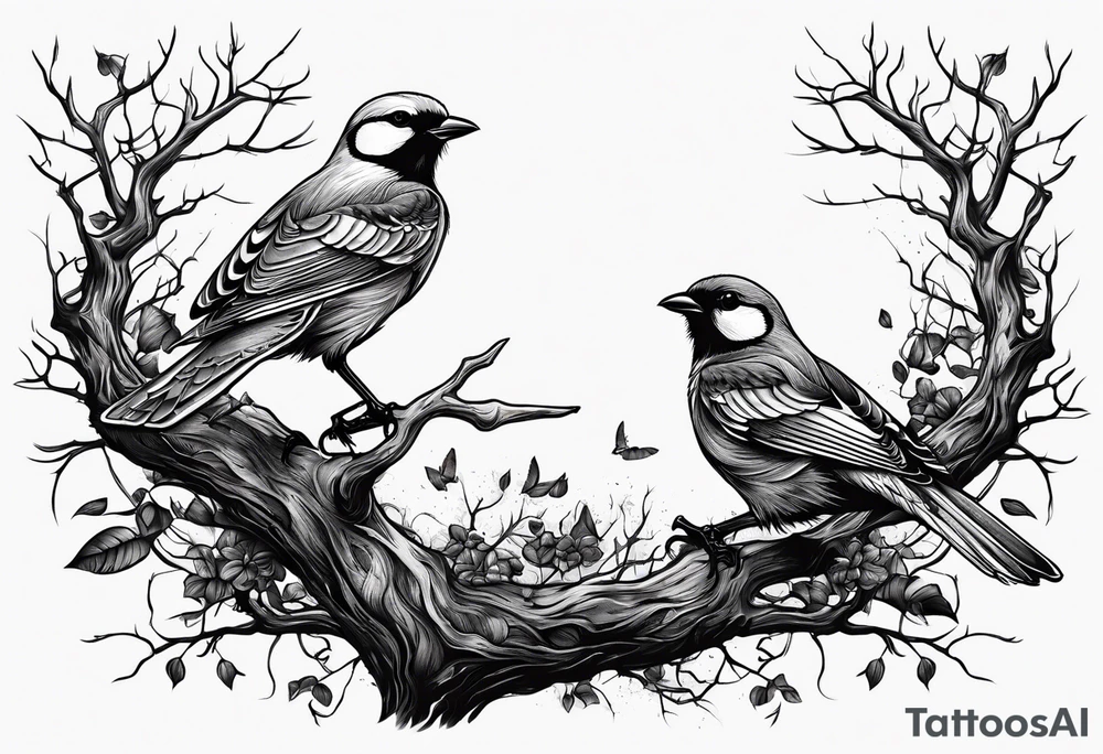 branch of a dead tree with dead birds tattoo idea
