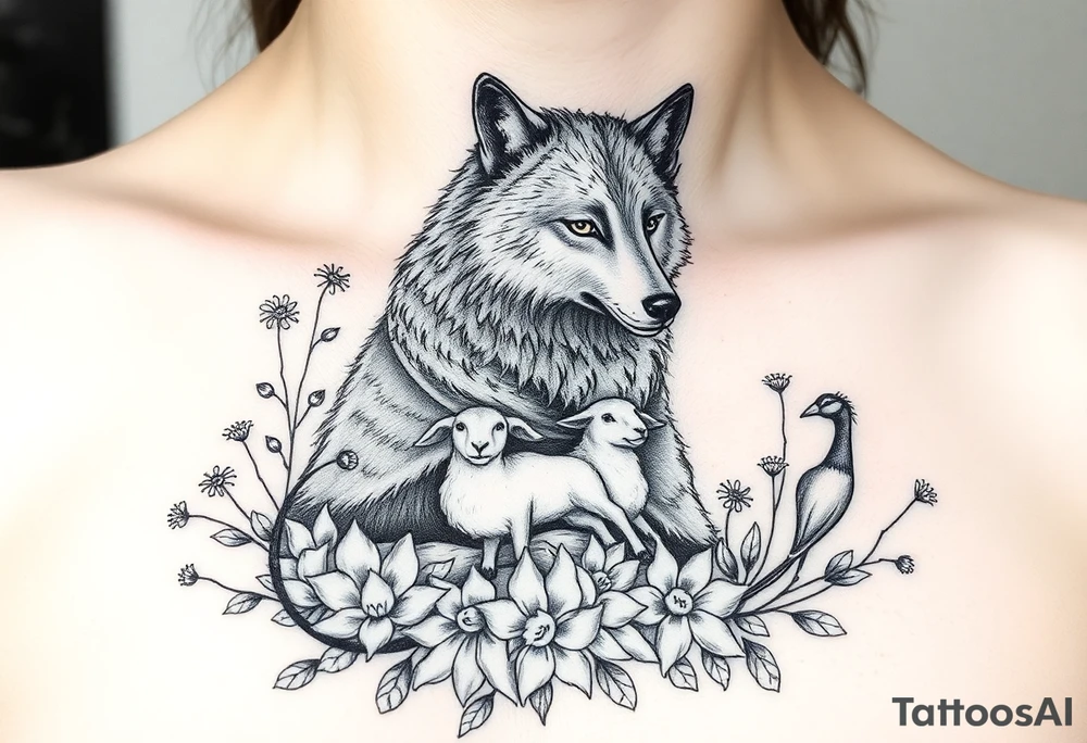 Wolf wearing a sheeps wool around its body like a robe  prowling around flower weeds with lambs and goats and peacocks tattoo idea