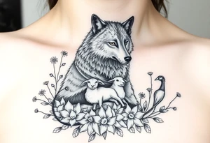 Wolf wearing a sheeps wool around its body like a robe  prowling around flower weeds with lambs and goats and peacocks tattoo idea