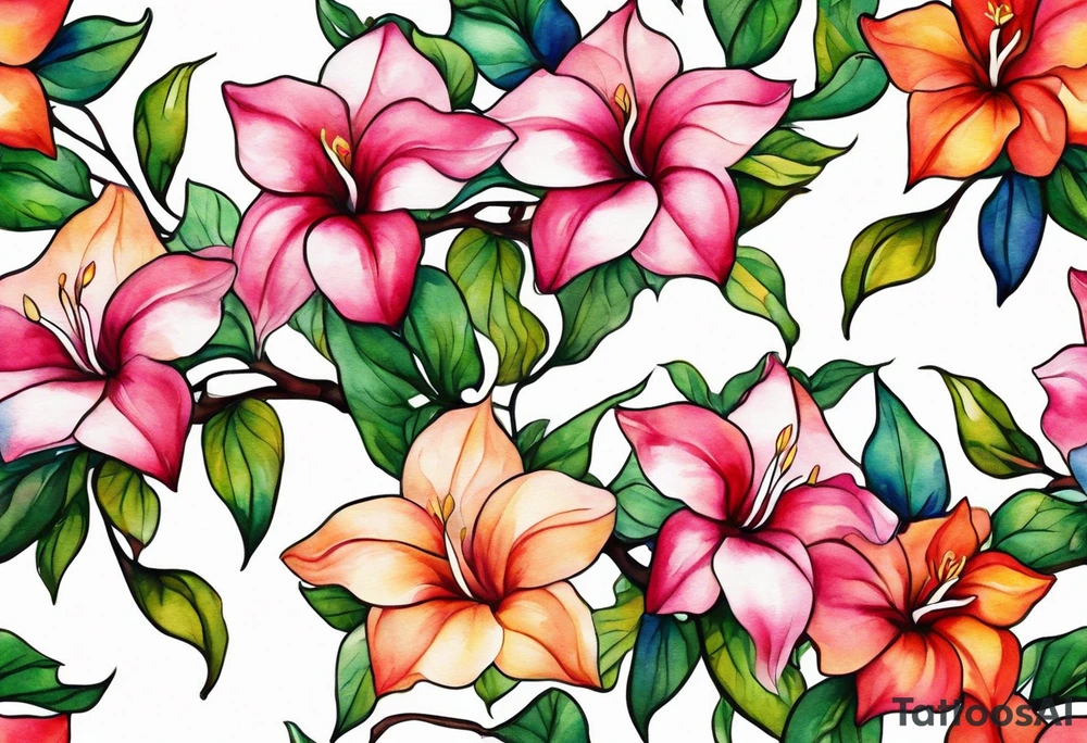 white background, abstract mandevilla flowers on a vine, part of it watercolor, part of it just line work tattoo idea