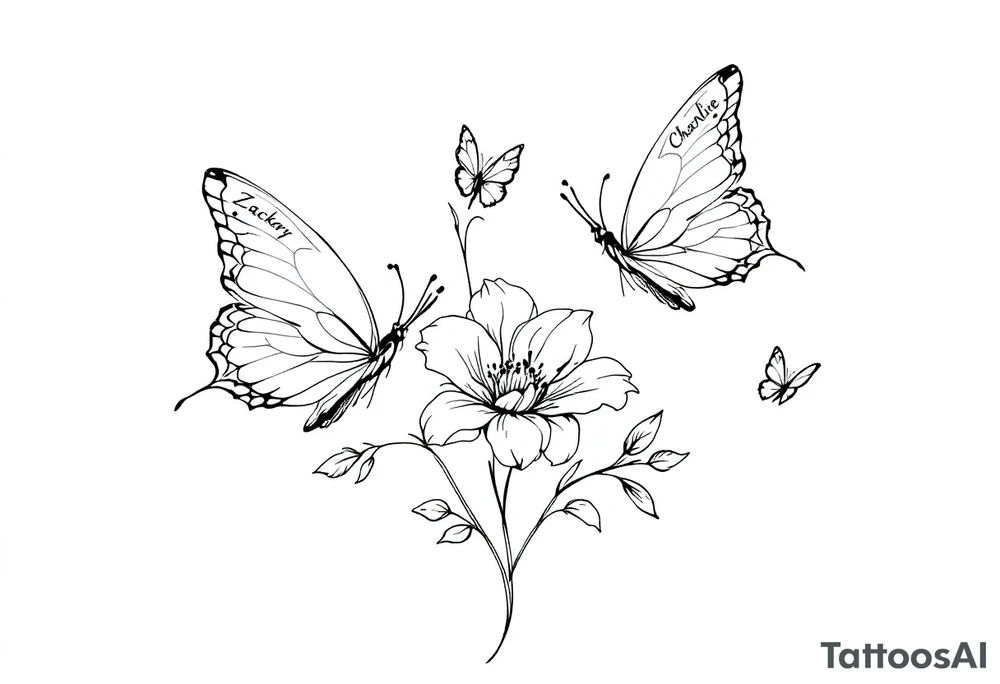 A delicate and highly detailed tattoo design featuring elegant flowers and two butterflies, symbolizing family, love, and the bond between a mother and her children. The flowers, such as lilies or peonies, represent protection, beauty, and unconditional love. Two butterflies gracefully flying around the flowers symbolize the children, Zackary and Charlie, representing their growth and freedom. Their names should be subtly integrated into the design, either along the stems of the flowers, within the butterfly wings, or in an elegant script flowing naturally with the composition. tattoo idea