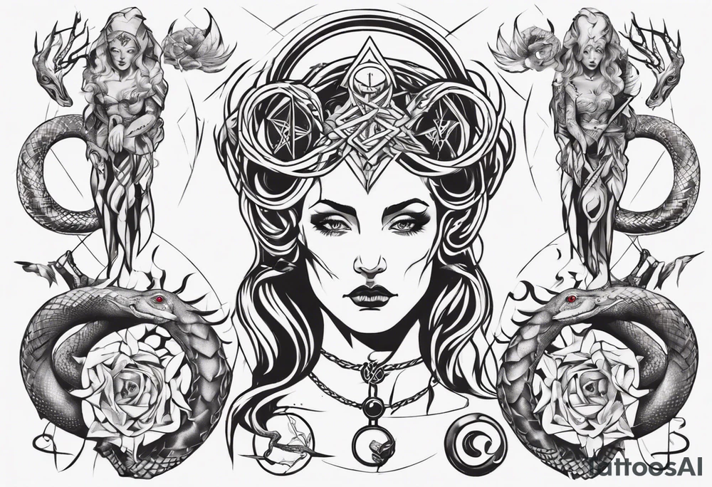 Beautiful Hekate, surroundet by a snake and witchy Symbols tattoo idea