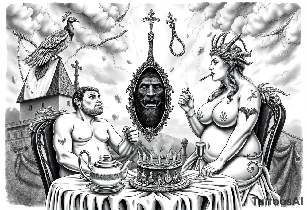 Naked Man and woman having sex Storm lightening clouds gothic sexy naked fat lady having a tea party with tea pot and medieval castle
with a pigglets, peacock, noose, lion, goat, smoking cigerettes looking in the mirror eating a cake thru storm clouds with razor blades and broken hearts and darkness and wrath, envy , gluttony, greed, sloth, pride kill tattoo idea