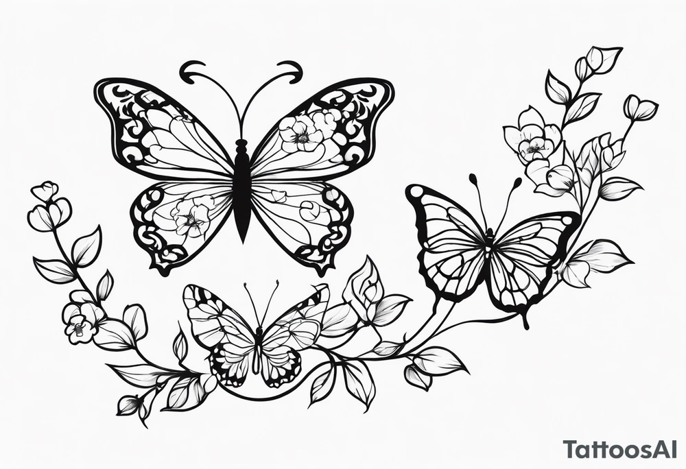 vine with the birth flowers of february, july, oct , may ,december , and september and three butterflies tattoo idea