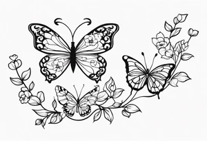 vine with the birth flowers of february, july, oct , may ,december , and september and three butterflies tattoo idea
