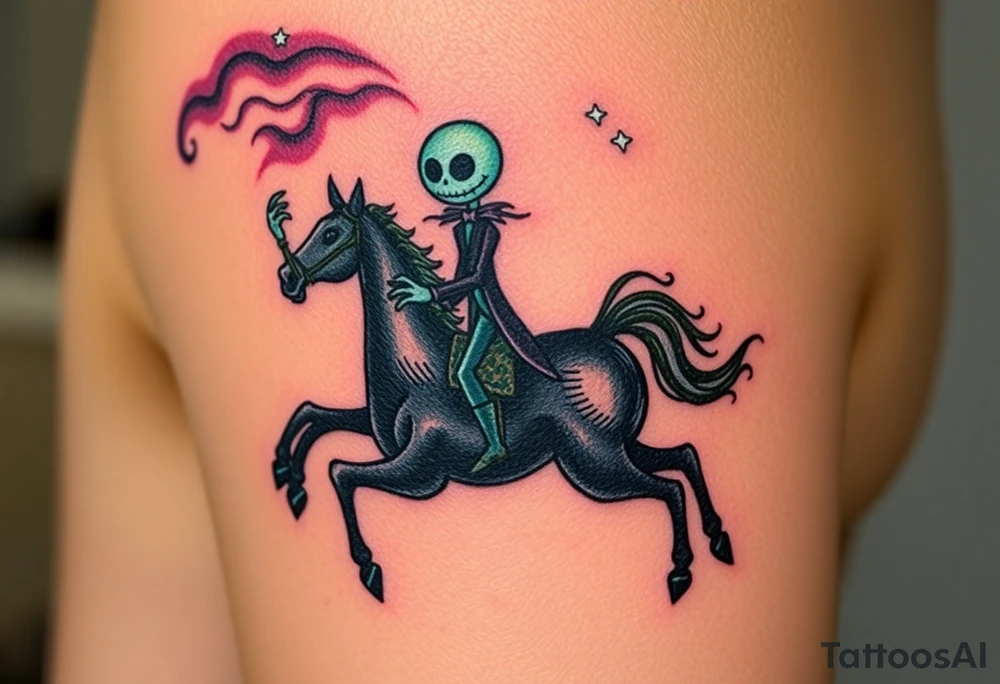 Tim Burton’s headless horseman is riding in the night he holds his head in hand as his horse bucks upwards and dripping with muted reds, dusty pinks, and eerie green glow.purple and cyan smokey clouds swirl in the crescent moonlit sky thats sprinkled with stars tattoo idea tattoo idea