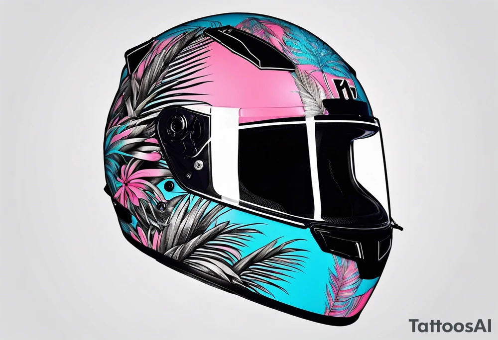 formula 1 helment with a palm tree and black light blue and pink colors tattoo idea