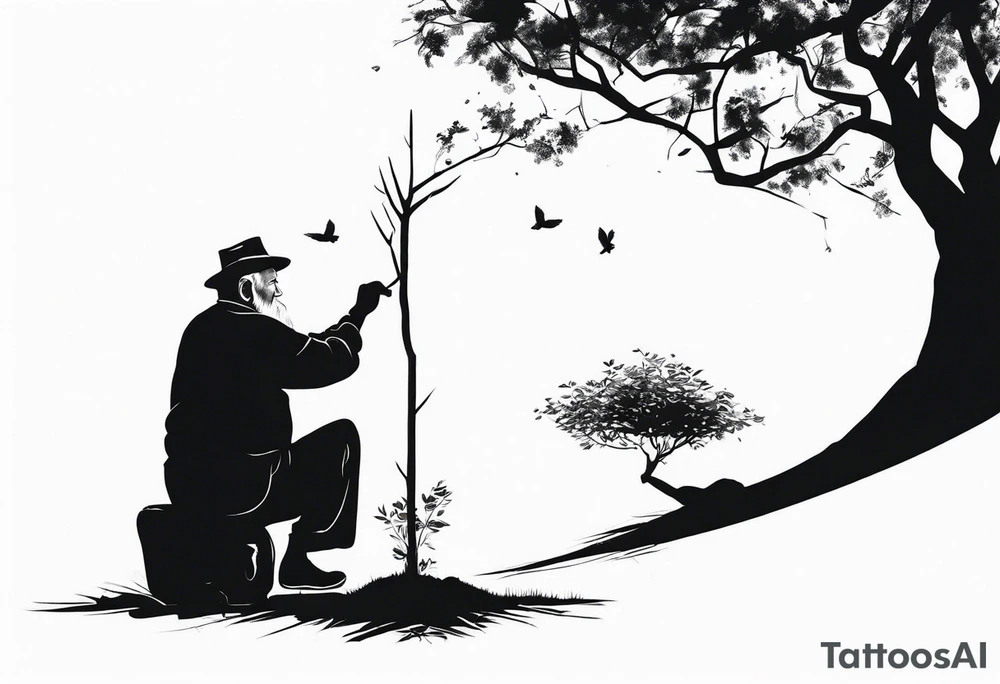 Old man planting a tree, than a young boy playing under a full grown tree. tattoo idea