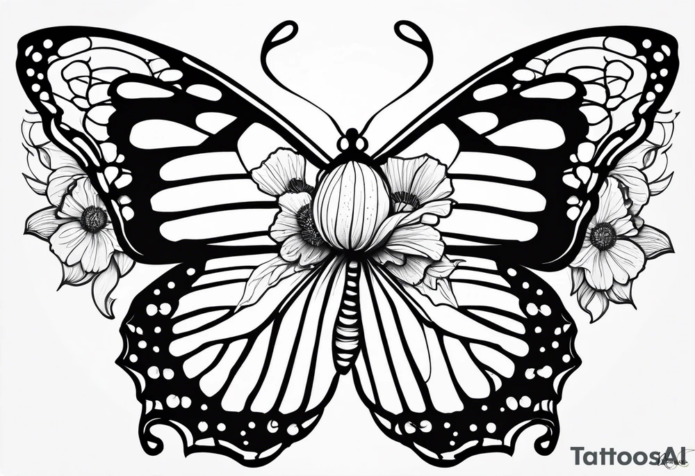 A black and white, fine line tattoo design of a monarch butterfly with poppy flowers inside the top wings. The butterfly has clean lines, and the poppies are delicately integrated within the wings. The bottom wings are simple. The overall style is elegant and refined, focusing on the graceful fusion of the butterfly and flowers. I don’t want flowers outside of the butterfly’s wings and the top wing should only be used as an outline for the flowers inside tattoo idea