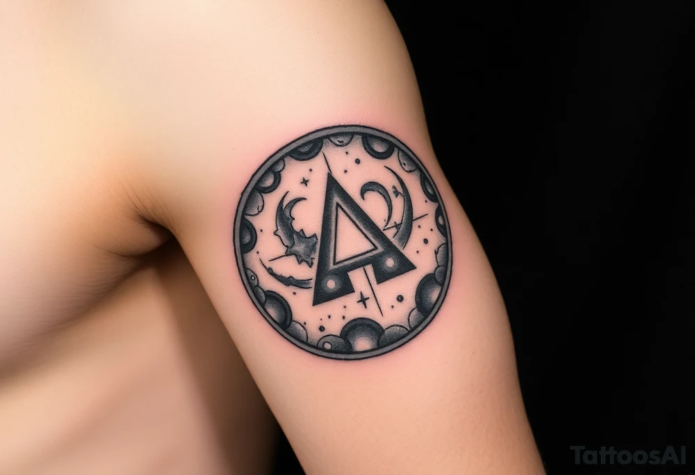 A galaxy themed tattoo, bordered with a oval shaped frame tattoo idea