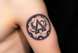 A galaxy themed tattoo, bordered with a oval shaped frame tattoo idea