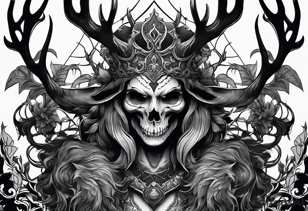 creepy demon with deer skull tattoo idea