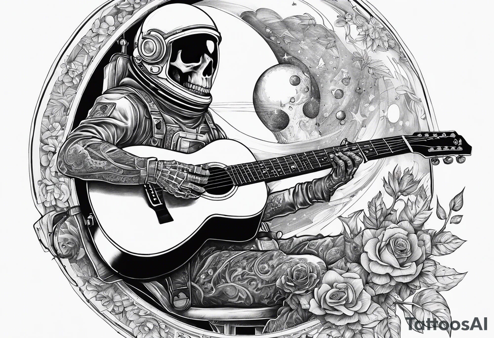 Skeleton astronaut playing acoustic guitar tattoo idea