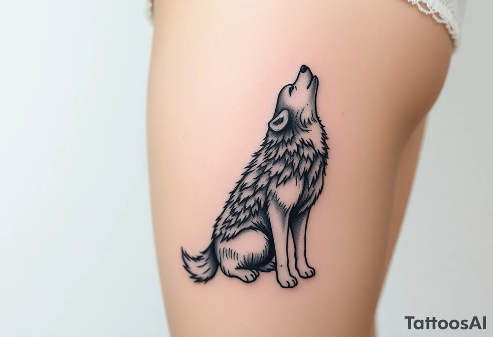 lone wolf howling at full moon with northern lights backdrop tattoo idea