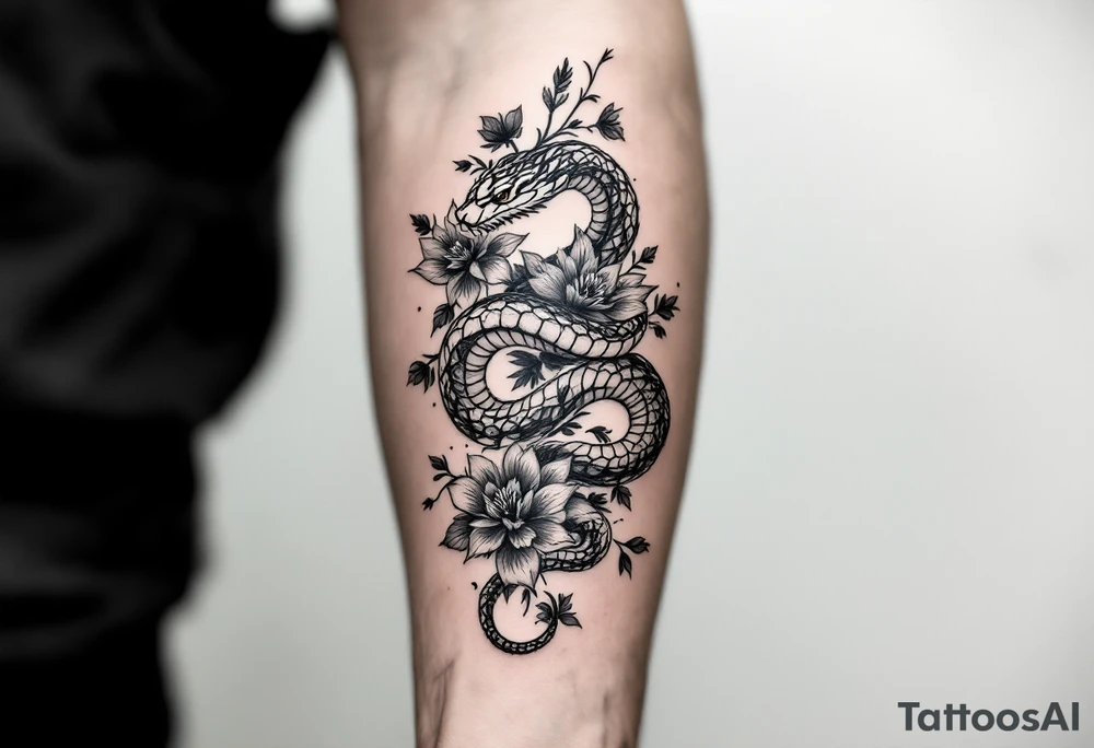 snake with flowers tattoo idea