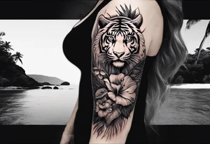 Womans Full arm tattoo sleeve design.  Smaller 
abstract tiger coming down front of shoulder, monstera foliage on forearm, beach landscape on bicep tattoo idea
