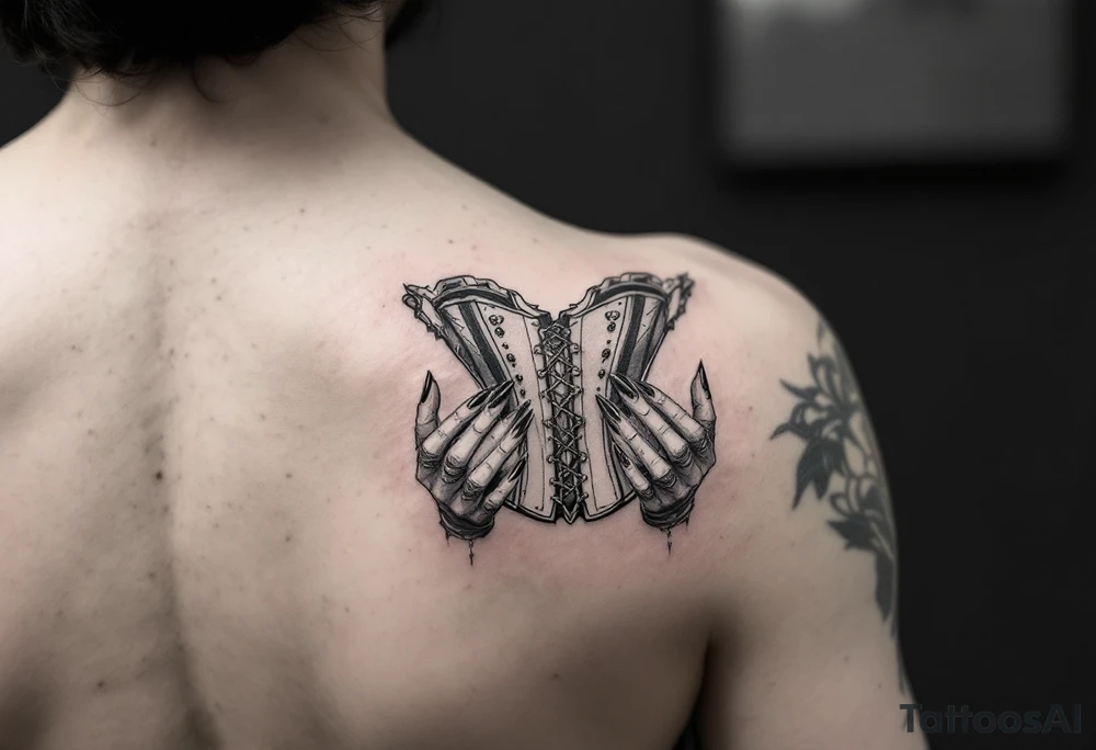 Corset with woman’s hands, long nails tattoo idea