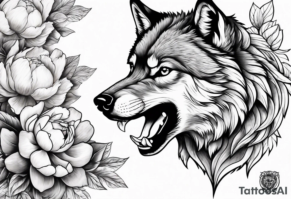 Fighting wolf with peony tattoo idea