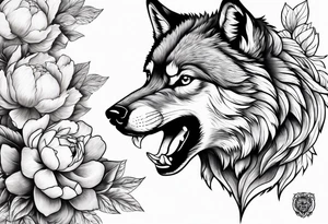 Fighting wolf with peony tattoo idea