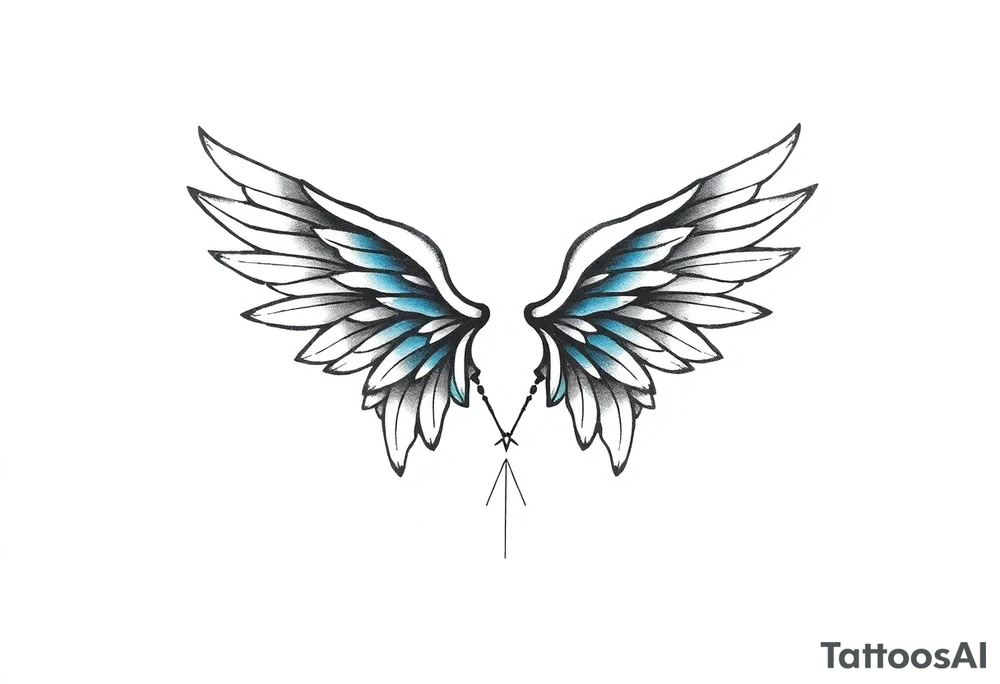 A minimalist wings tattoo that represents a shattered and betrayed gemini woman who fought hard throughout this year. With colors blue and black. Make it unique and rare. Without leaves and stem. tattoo idea