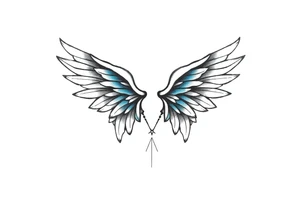 A minimalist wings tattoo that represents a shattered and betrayed gemini woman who fought hard throughout this year. With colors blue and black. Make it unique and rare. Without leaves and stem. tattoo idea