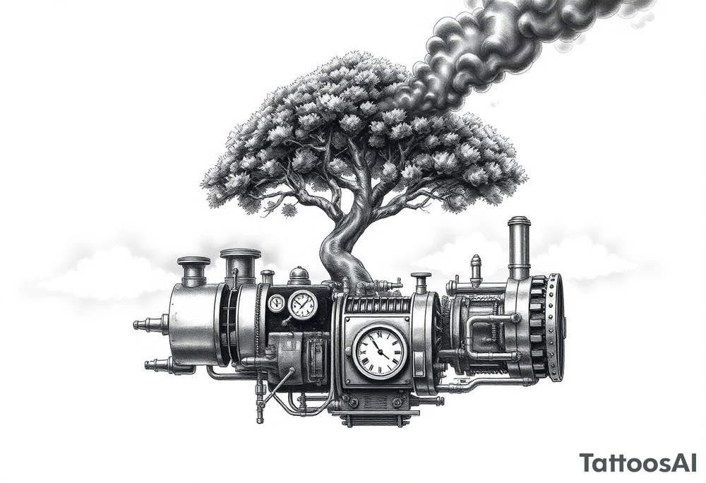 tree growing out of a v shaped engine with lots of pipes, guages and steam around the engine 
 with a smoke stack coming out of the top 
 billowing black smoke as if the tree and engine were a flying machine flying through the air 
 with an extreme steam punk vibe alot more steam punk 
it should look somewhat like a hot air baloon where the tree is the balloon and the machine is the basket but they are together as one unit, and the sky should have clouds in the back ground as if it were chugging along flying through the sky and needs to look extremely steam punk
the smoke stack should be coming out of the tree and the smoke should be trailing behind the machine 
the tree is the actual smoke stack for the machine tattoo idea