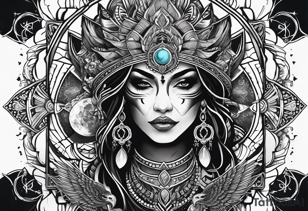 black kali, goddess pirate, alien, pachamama, valkrye, warrior, skull, lotus azul, wing, eagle, zenza resonance, stars, 5D, anahata chakra tattoo idea