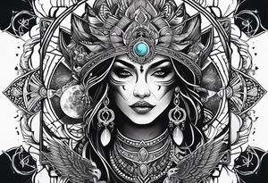 black kali, goddess pirate, alien, pachamama, valkrye, warrior, skull, lotus azul, wing, eagle, zenza resonance, stars, 5D, anahata chakra tattoo idea