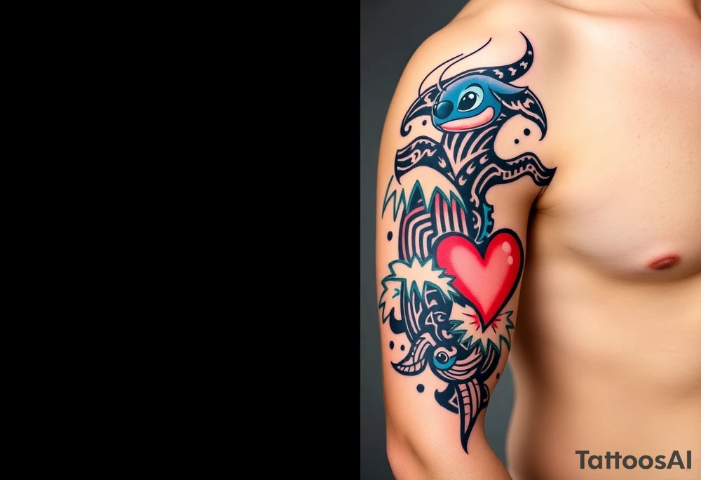 a half sleeve, right side on upper arm, incorporate waves, while adding disney characters lilo and stitch, as well as characters and items from moana, including moana, maui, heihei, pua, heart of tefiti. Making it kind of hawaiian themed, adding some turtles tattoo idea