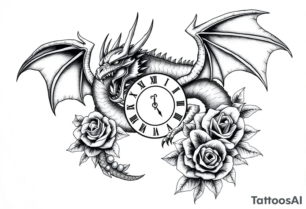 Horror dragon tattoo with cancer zodiac sign, roses and clock on background tattoo idea
